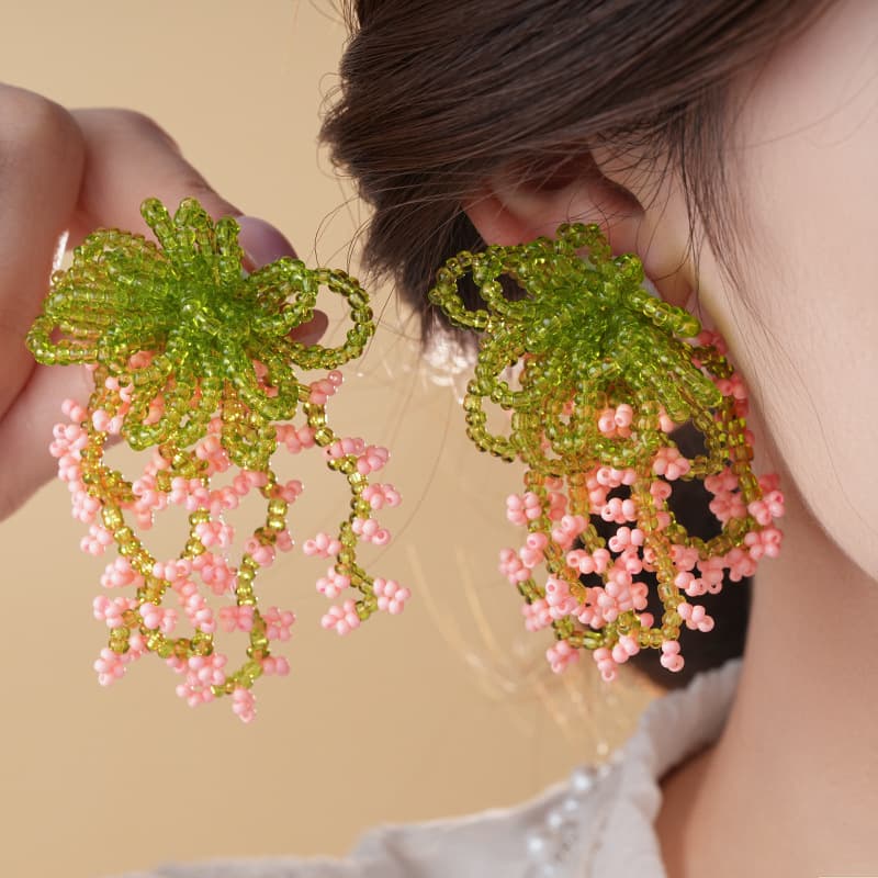 Olive Bow & Blush Berry Seed Bead Drop Earring