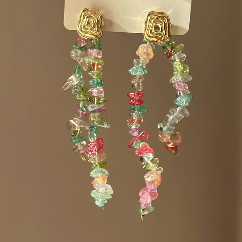 Candy Chip Stone & Gold Spiral Drop Earring