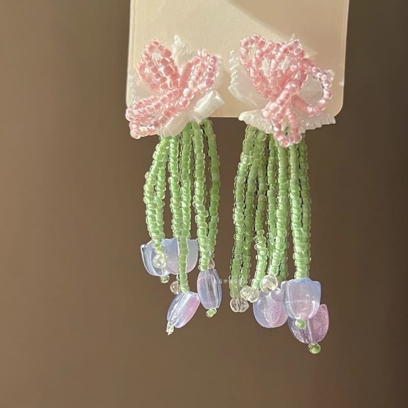 Pink Bow & Violet Tulip Bead Drop Earring