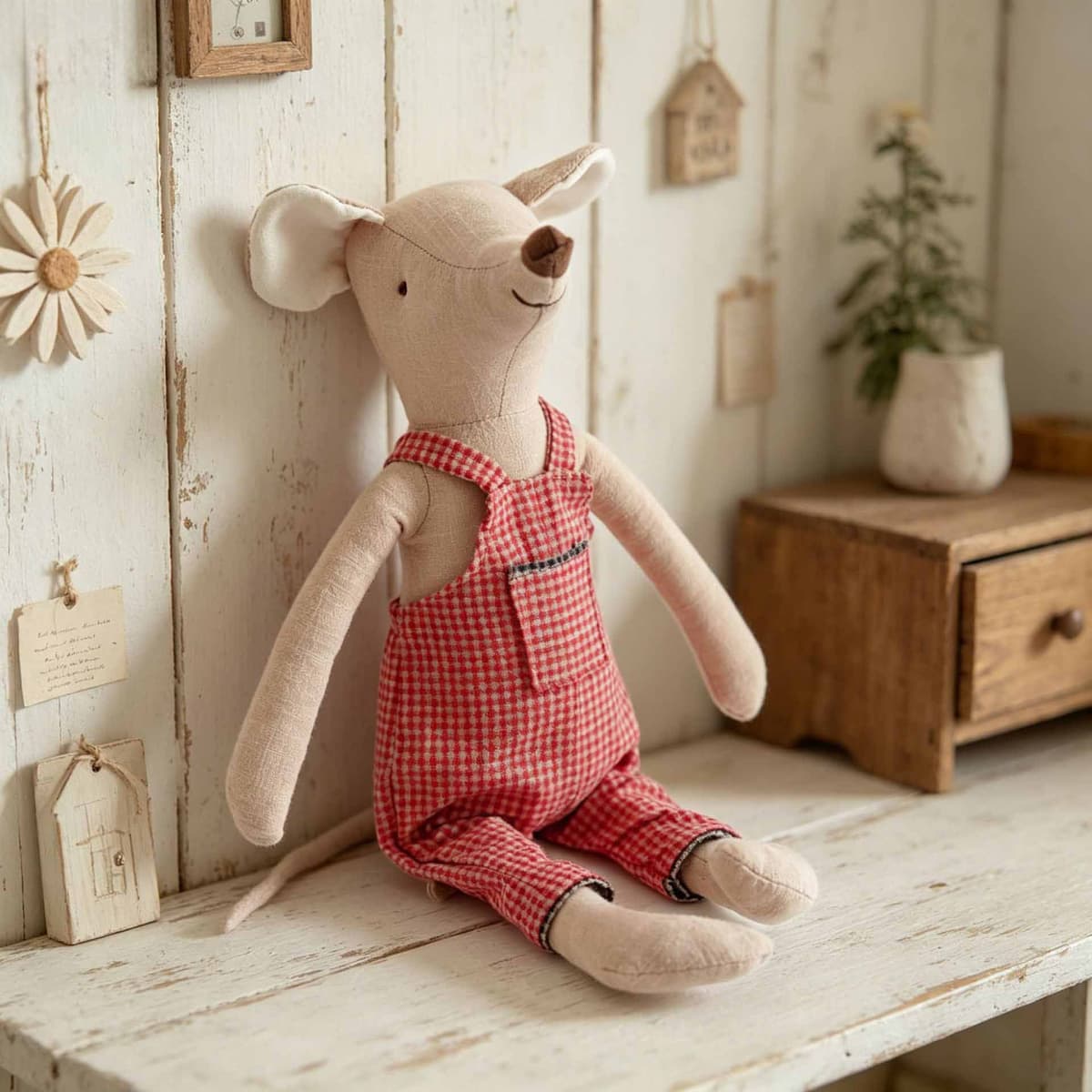Red Check Overalls Mouse Plush 38.5cm