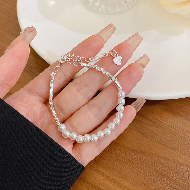 Silver Crushed Bead and Pearl Mixed Bracelet